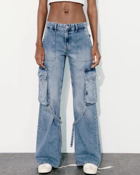 Zara Denim - Zara Wide Leg Baggy Grunge Low Rise Flare Cargo Jeans Denim Blue Size 4